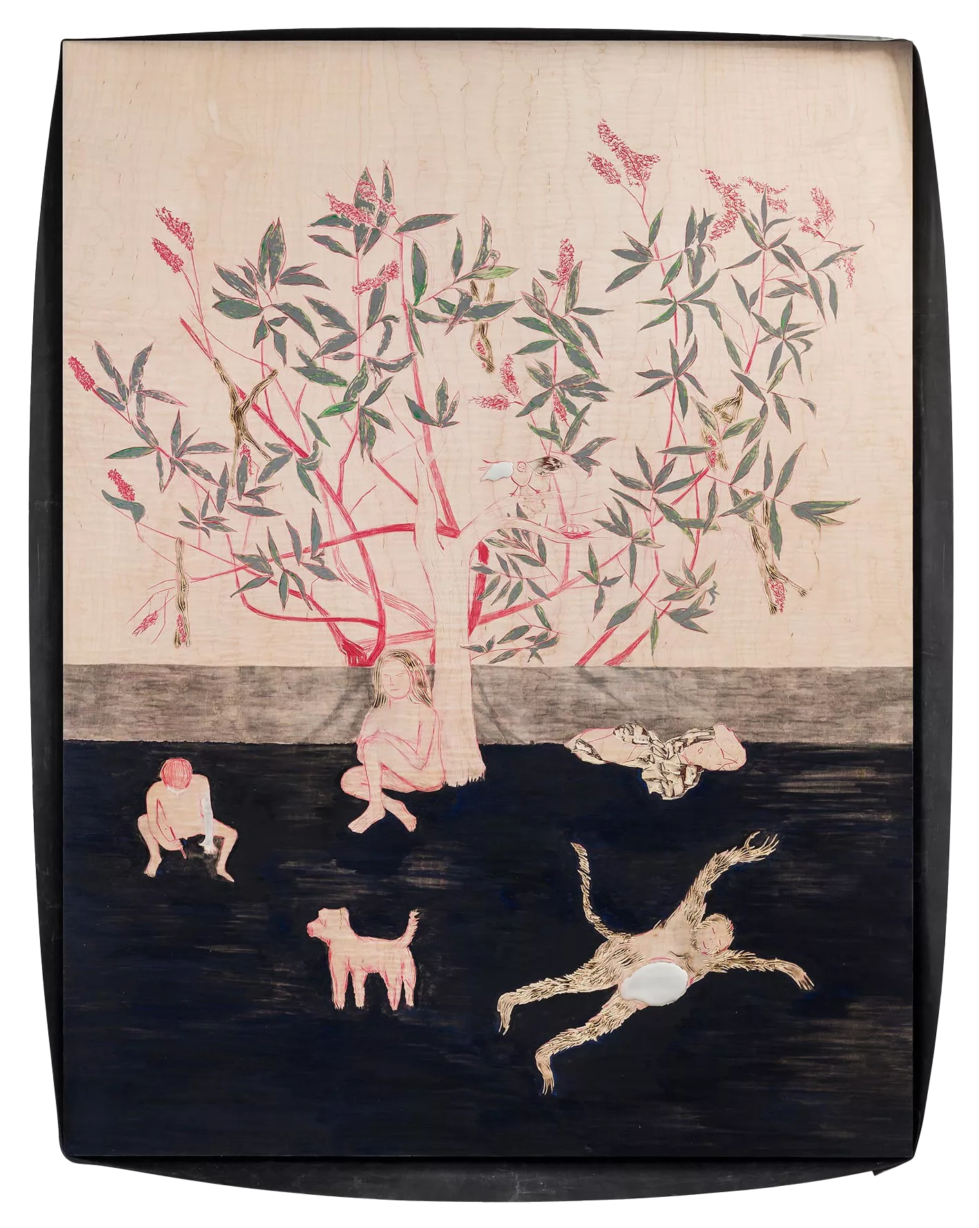 Gaia Fugazza - Hostages and Friends - Gaia Fugazza - Hostages and Friends - Buddleia – Hostages and fruits, 2019, quilted maple plywood, beeswax, mineral pigments, 110 × 143 cm