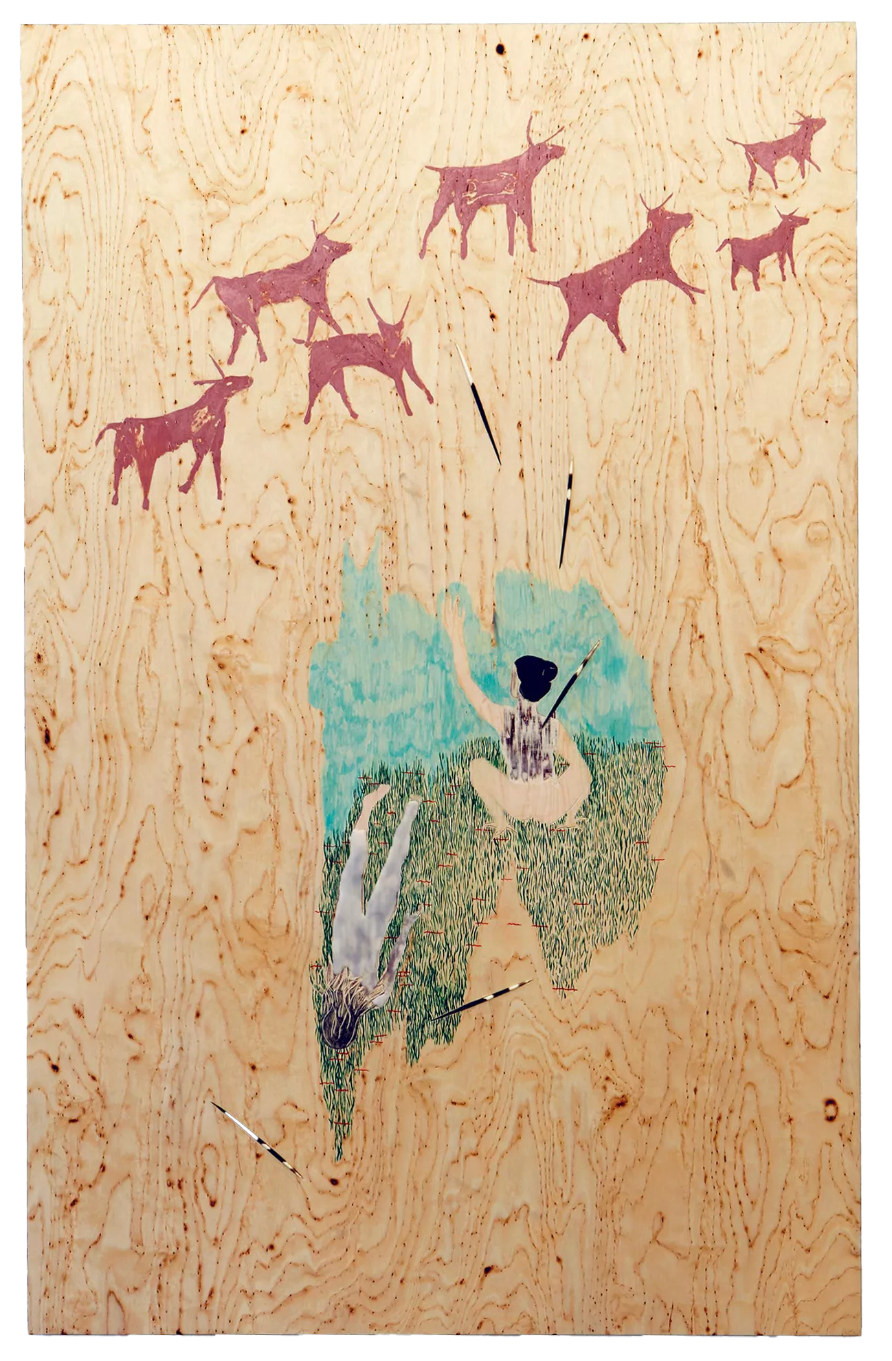 Gaia Fugazza - Hostages and Friends - Gaia Fugazza - Hostages and Friends - A distant attempt and the present worms, 2019 Carved and burned wood, beeswax, porcupine needles, copper oxide, iron oxide, graphite, oil colours, acrylic medium, 180 × 115 cm
