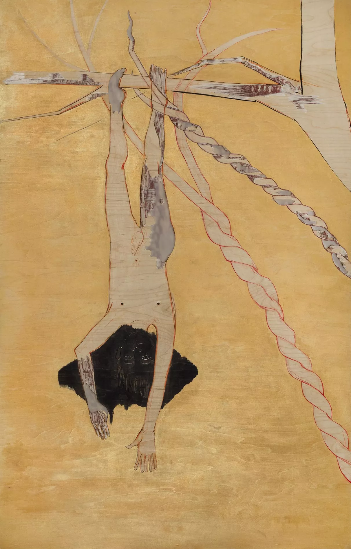 Gaia Fugazza - Hostages and Friends - Gaia Fugazza - Hostages and Friends - Wisteria finds him hanging, 2021 Beeswax, chinese ink, oil paint and mica powder on birch wood, 180 × 115 cm