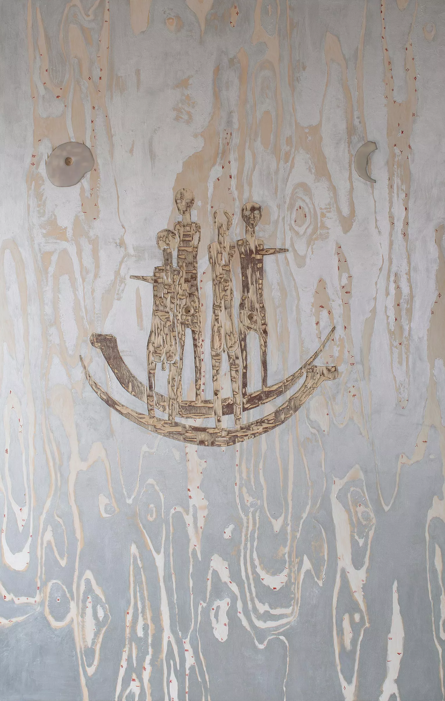 Gaia Fugazza - Hostages and Friends - Gaia Fugazza - Hostages and Friends - Yew, 2020 Aluminium powder, acrylic medium, beeswax, bologna chalk, vermillion red on wood, 180 × 115 cm