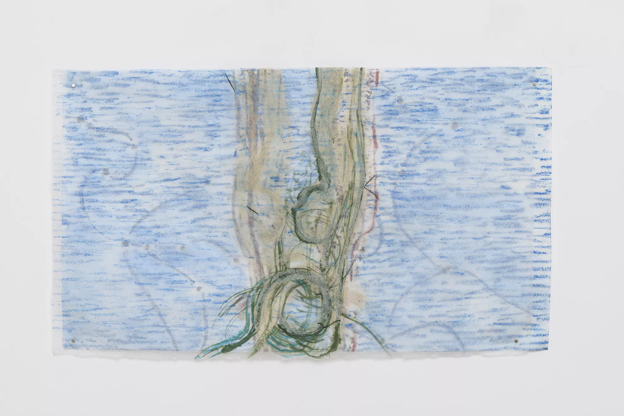 Gaia Fugazza - Ambush - Gaia Fugazza - Ambush - Heads, 2023  Oil on tissue paper, hair, 40 × 86 cm