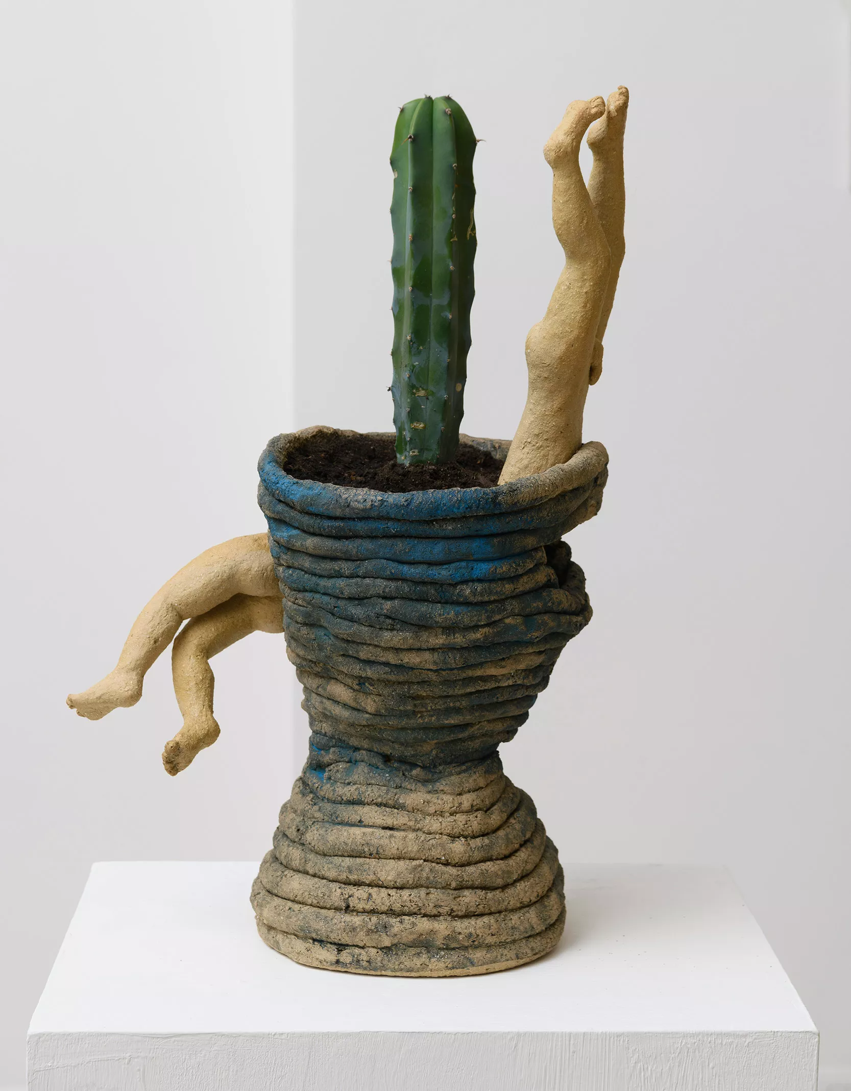 Gaia Fugazza - Gaia Fugazza, Vase for San Pedro, 2025, organic stoneware ceramic sculpture with a live cactus and two pairs of human legs protruding from either side of the form.